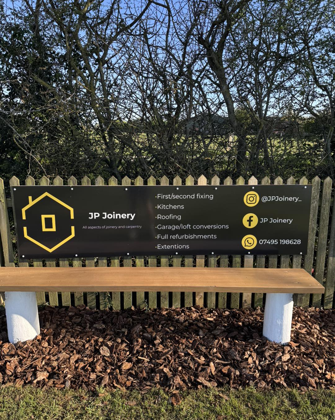 JP Joinery sponsor board at Dunnington Cricket Club